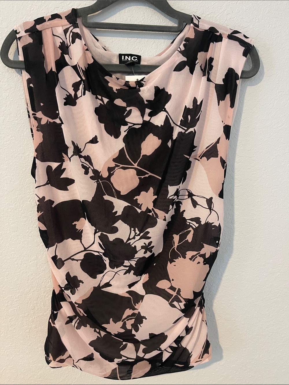 INC International Concepts Pink and Black Floral Drape-Front Sleeveless Top